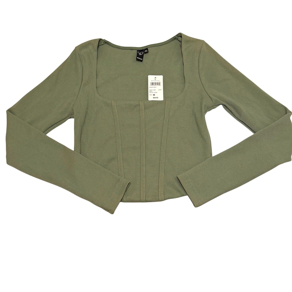 Windsor Sage Green Ribbed Corset Style Square Neck Long Sleeve Top M9733T NWT